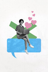 Vertical poster collage textbox blogger laptop social media reply message notification digital...