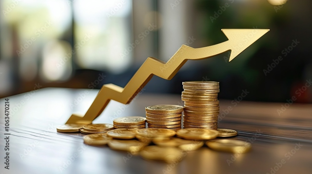 Poster growth chart with coins and arrow on table