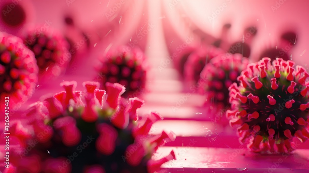 Poster a vibrant depiction of virus particles, showcasing their structure in a surreal pink environment, em