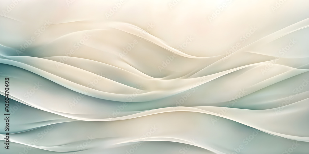 Poster abstract background features smooth, flowing waves in soft hues of white and light blue, creating a 