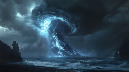 A massive tornado, with a dark blue and black color scheme, swirling storm clouds over the ocean with powerful winds and rain