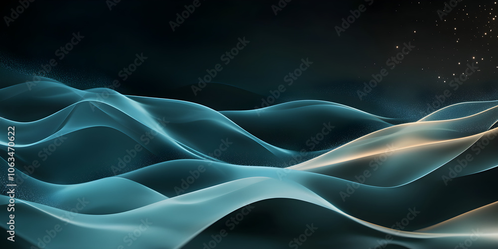 Poster abstract background featuring smooth waves in shades of blue and subtle star-like highlights creatin