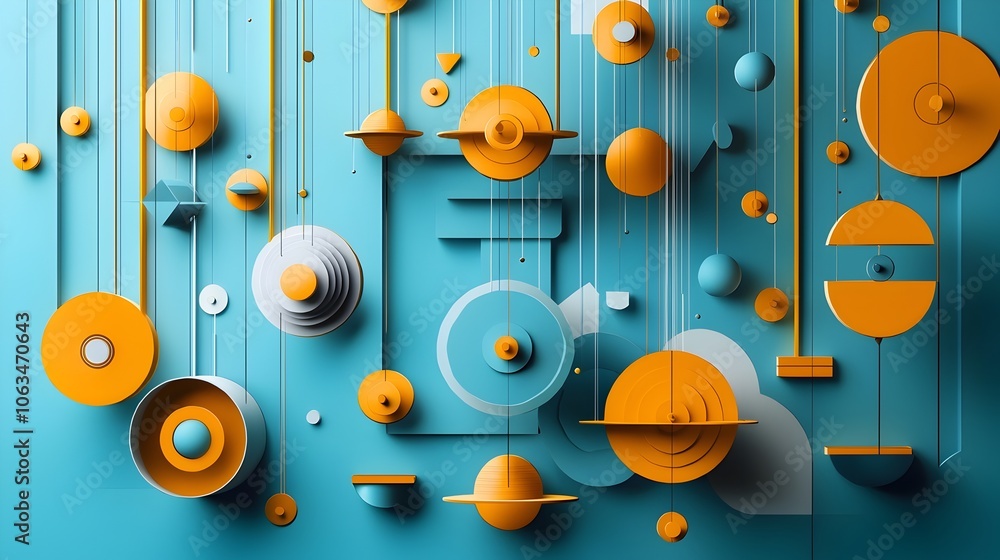 Poster a minimalist paper cut out style composition depicting a physics experiment with layered weights pul