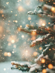 Christmas winter blurred background, with fir tree and blurred bokeh lights and snow. Holiday background, New Year banner..