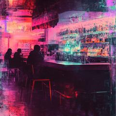 Step into a neon cyberpunk bar where digital decay meets glitchy textures, creating an immersive atmosphere of futuristic nightlife.