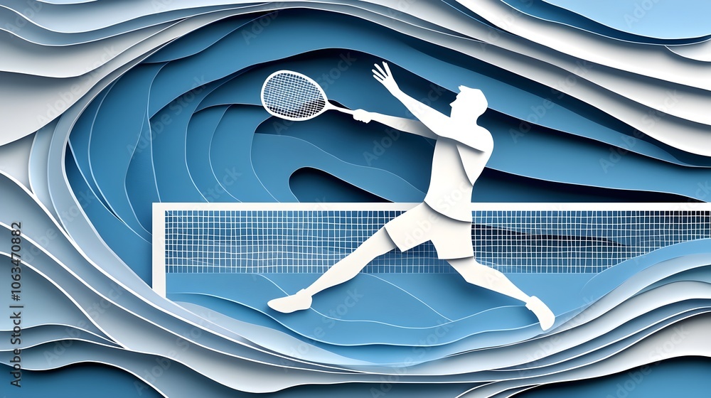 Poster a paper cut style depicting a dynamic badminton player in motion hitting a shuttlecock against a bac