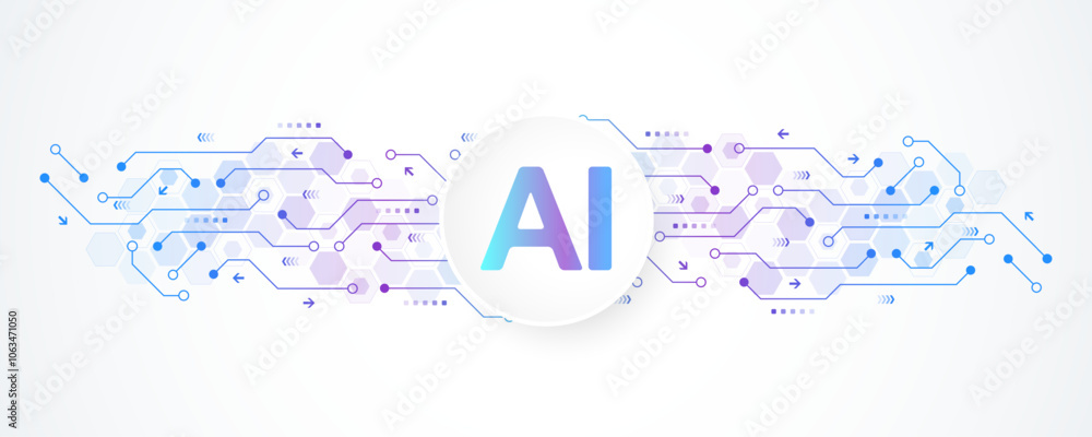 Poster AI Banner Concept In The Digital Style. Generative Ideas Design Element For Internet Technology. Futuristic Technology Concept Artificial Intelligence