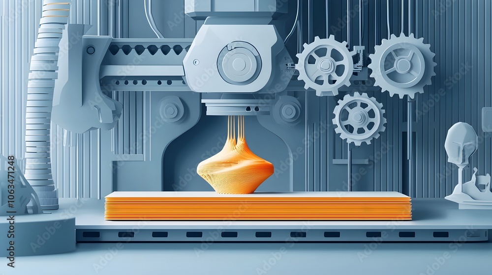 Poster a paper cut style digital showcasing the intricate mechanics of a 3d printer with layered filament g