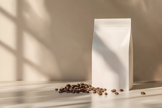 Minimalist photography showcases a clean white coffee pack standing upright next to scattered coffee beans, illuminated by soft natural light