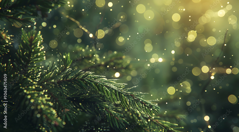 Poster close-up of pine tree branches with bokeh lights in the background