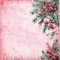 festive pink fabric background featuring Christmas decorations, including pine branches, ornaments, and poinsettias, creating warm holiday atmosphere