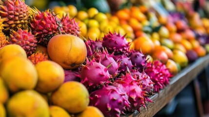 A colorful display of vibrant Thai fruits like mangoes,