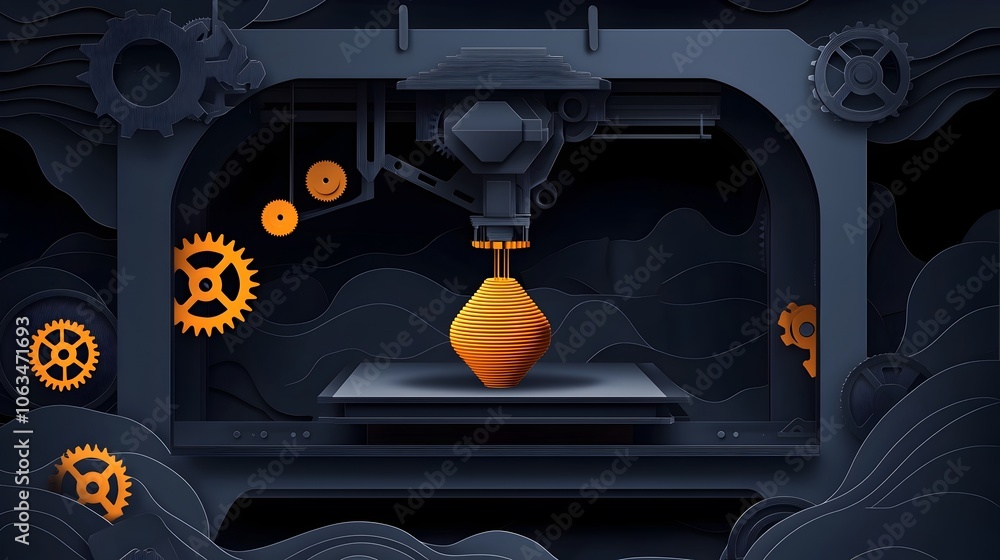 Poster a paper cut style rendering showcasing the detailed layered filament gears and print bed of a 3d pri
