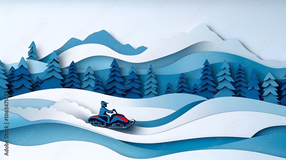 Poster a papercut style of a snowmobile navigating through a snowy mountain landscape with layered pine tre