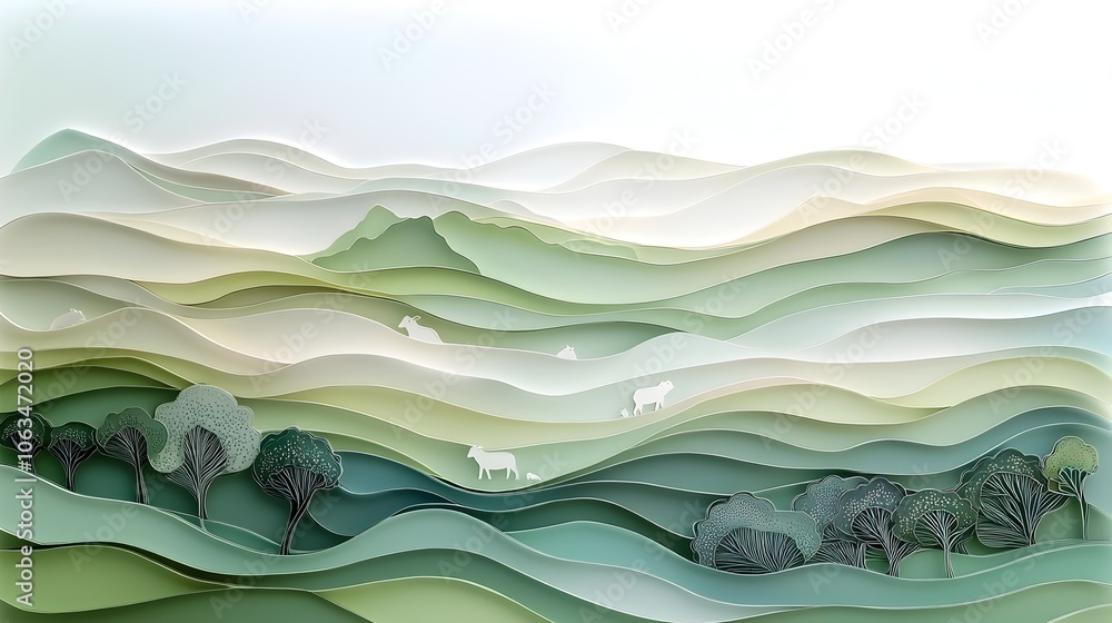 Poster a serene and atmospheric landscape depicting a highland with layered mist rolling hills and distant 