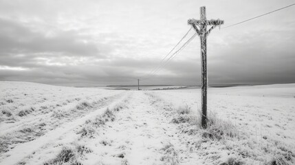 A snow - covered telegraph pole standing alone in a field, with the wires covered in ice. 