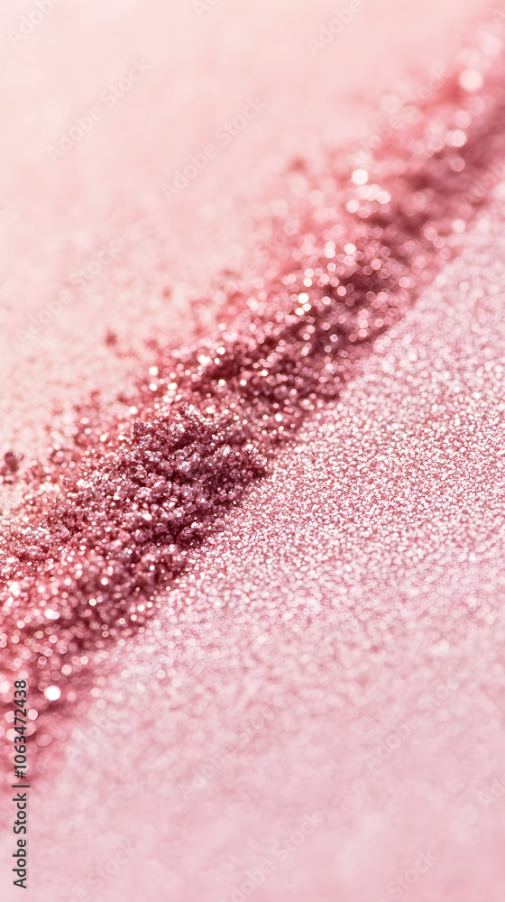 Poster minimalistic photo of eyeshadow showcases a shimmery pink texture with a soft gradient, emphasizing 