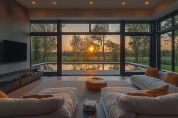 Fototapeta premium contemporary living room design showcasing stylish armchairs a sleek tv screen and large panoramic windows framing a serene outdoor view bathed in warm afternoon light