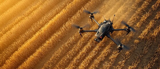 Fototapeta premium Drone surveying golden wheat field, sunlight highlighting geometric crop patterns, showcasing modern agriculture.
