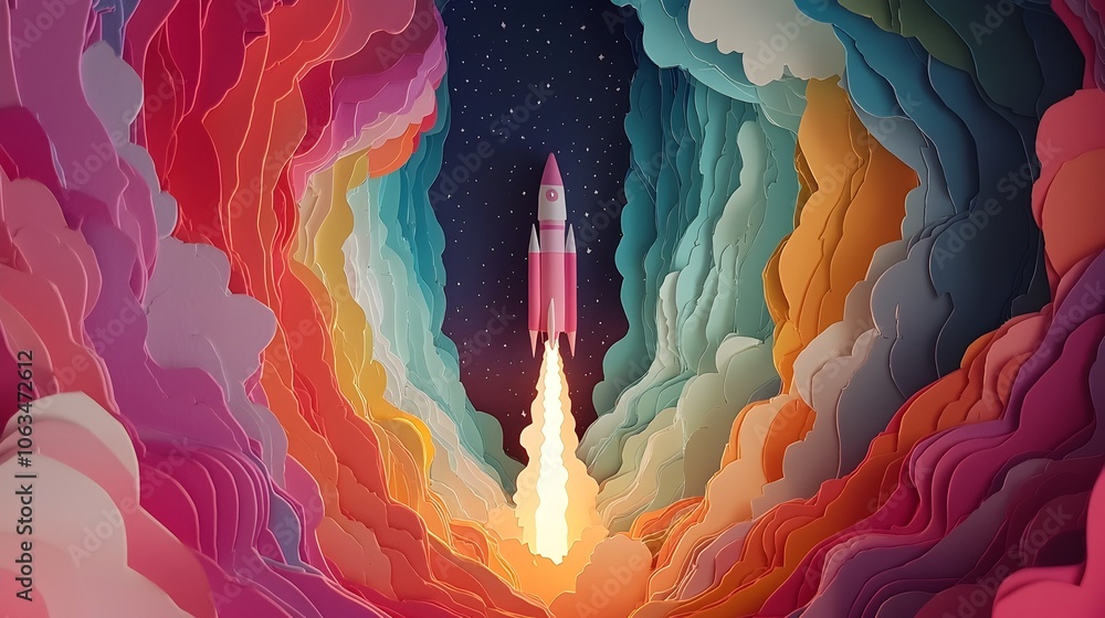Poster a vibrant layered paper cut style depiction of a rocket launching with bursts of fire clouds and sta
