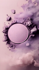 Minimalistic photo of purple eyeshadow surrounded by powder and smoke creating an ethereal and artistic composition
