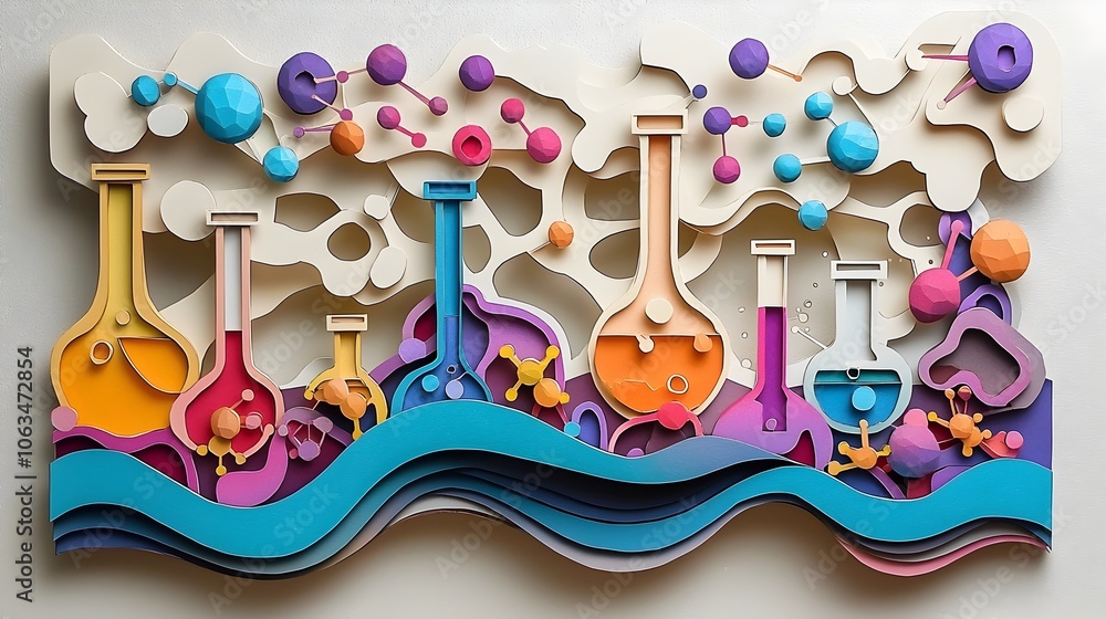 Poster a visually striking paper cut style showcasing the intricate and colorful elements of a dynamic chem