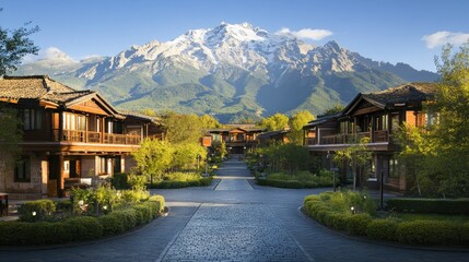 Naklejka premium Scenic Mountain View with Traditional Architecture