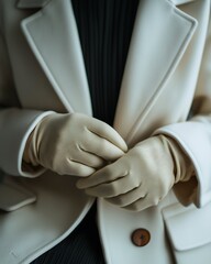 Close-Up View of a Woman's Gloved Hands Resting Comfortably on her winter Coat, Ideal for Fashion or Lifestyle Illustrations