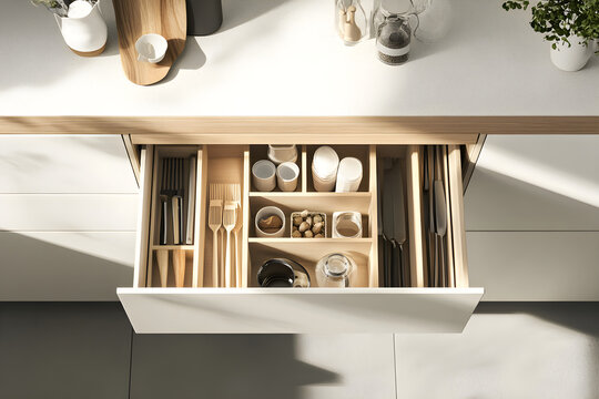Top-down view of drawer organizers showcasing neatly arranged kitchen utensils, glasses, and other items, emphasizing organization and minimalist design