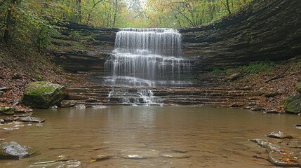 Serene Waterfall Cascading Over Rocks in Autumn Forest
