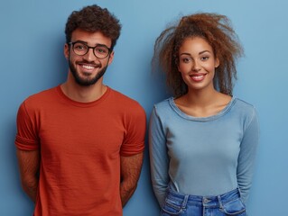 Two diverse individuals stand side by side against a solid blue background, smiling warmly at the camera.