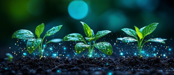 Sprouting Wonder, Young plants on rich soil, illuminated by magical sparkles, lush green leaves in nurturing light.