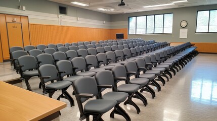 Empty Conference Room with Rows of Gray Chairs