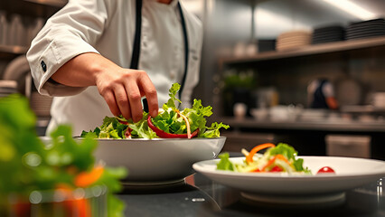 the process of making salad in the kitchen. A man in a white chef's coat carefully puts lettuce leaves on a plate. There are also small cherry tomatoes and cubes of crackers on the plate