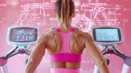Athletic woman in pink exercising on treadmill with futuristic digital interface