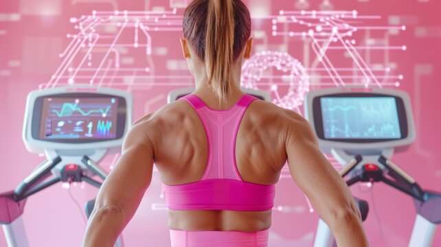 Athletic woman in pink exercising on treadmill with futuristic digital interface