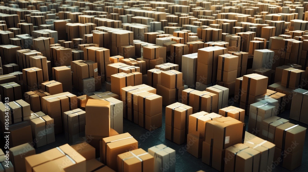 Poster a large warehouse filled with an array of parcel boxes, illustrating the organization behind online 