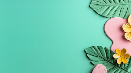 Tropical Green Leaves Yellow Flowers Pink Background Summer Design Minimalist Style