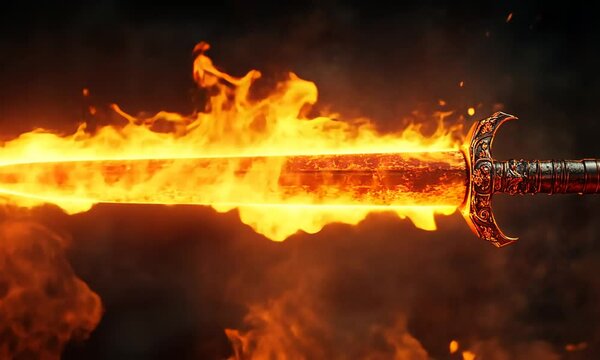A flaming sword with intricate details and a dark background