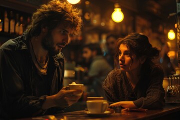 A bartender with curly hair serves coffee to a woman at a dimly lit counter, creating a warm, cozy ambiance.