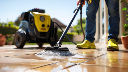 the process of cleaning the surface with a high-pressure washer. In the foreground, a nozzle is visible, from which water comes out under high pressure, cleaning the tiles on the floor.