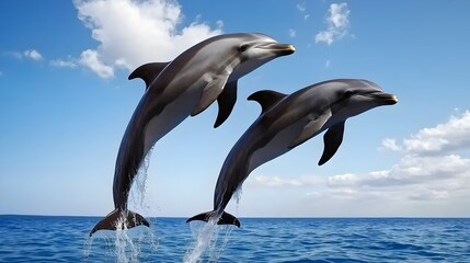 Obraz premium Breathtaking scene of a group of playful dolphins leaping joyfully out of the turquoise blue ocean waves in a stunning tropical paradise setting