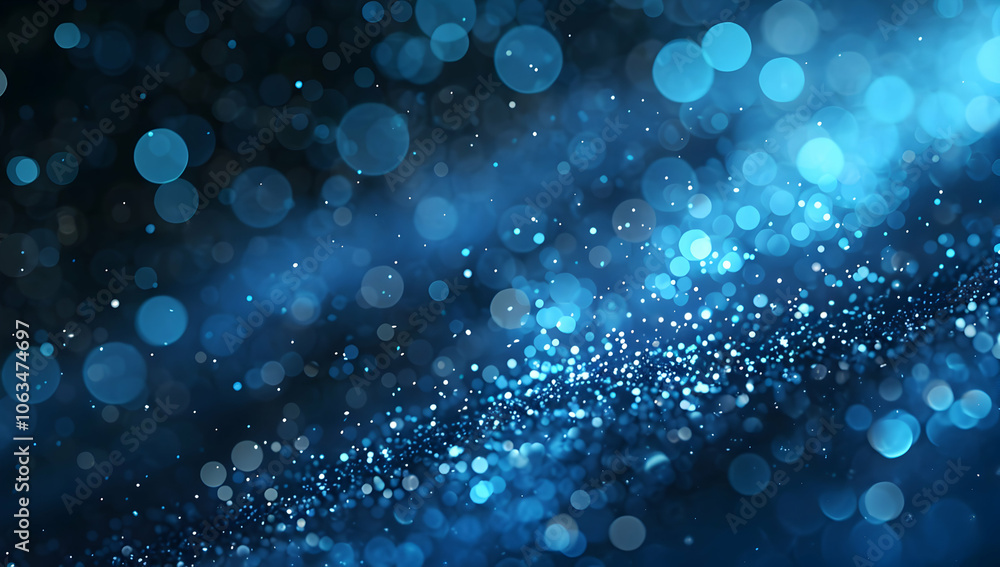 Poster abstract blue glowing particle background with bokeh lights and glitter