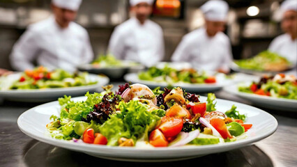 a plate of salad. There are a lot of greens in the salad, pieces of tomatoes, possibly cherry, as well as other vegetables such as carrots and possibly cucumbers. Four people in white chef's suits and