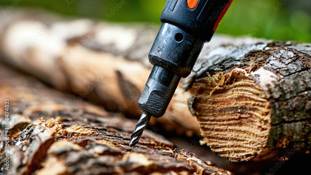 Poster the image shows the process of drilling wood. in the center of the photo there is a drill bit fixed 
