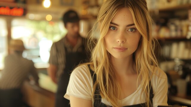 A young woman with long hair holds a credit card in a cozy cafe setting, captured in warm lighting, creating a relaxed and inviting atmosphere.