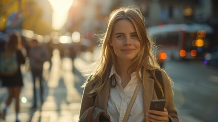 A young professional standing on a sunlit street holds a phone and smiles confidently, exuding a positive and warm vibe.