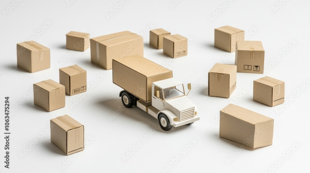 Poster miniature delivery truck and multiple cardboard boxes of varying sizes arranged on a white backgroun