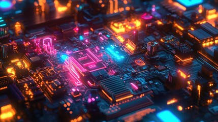 Obraz premium Vibrant Circuit Board with Neon Lights