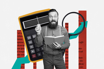 Composite creative art collage of astonished man hold planner pencil magnifier lens chart...